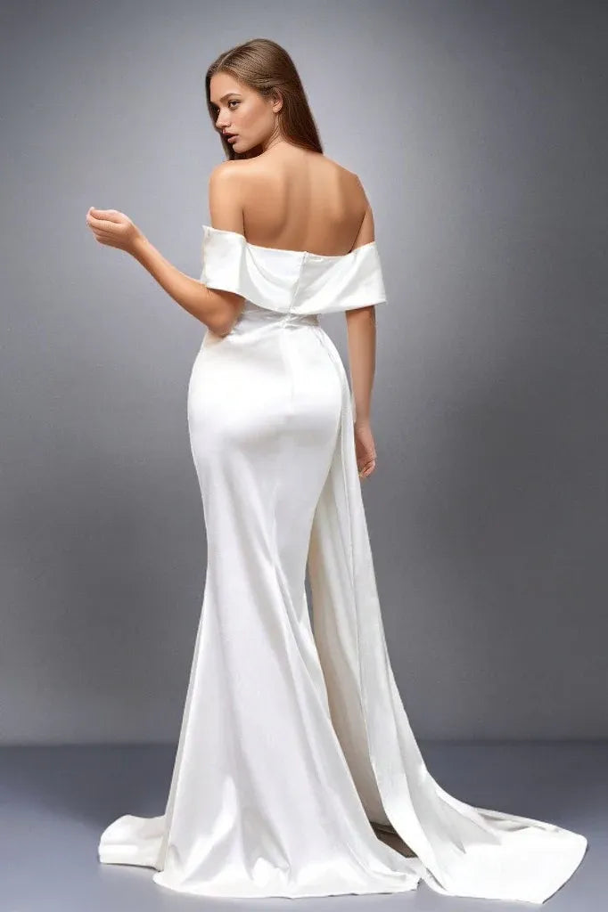 Elegant Mermaid Off-Shoulder Ruched White Floor Length Prom Dress With Streamer