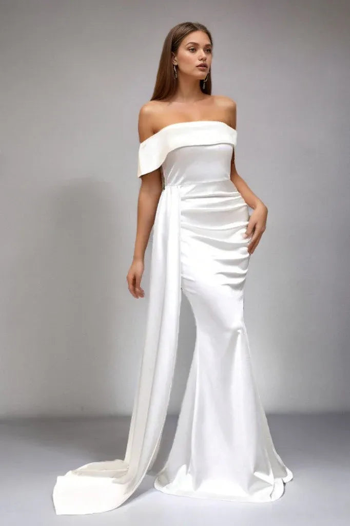 Elegant Mermaid Off-Shoulder Ruched White Floor Length Prom Dress With Streamer