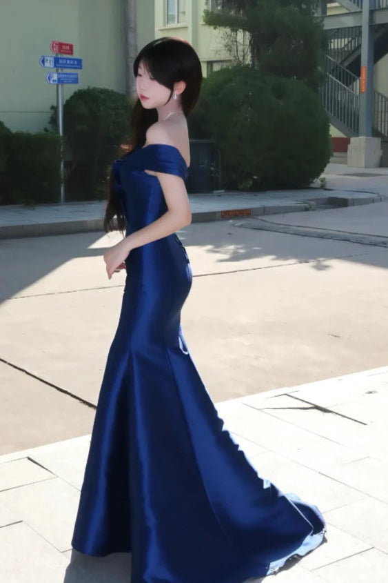 Elegant Mermaid Off-Shoulder Satin Navy Blue Long Prom Dresses Evening Dresses
