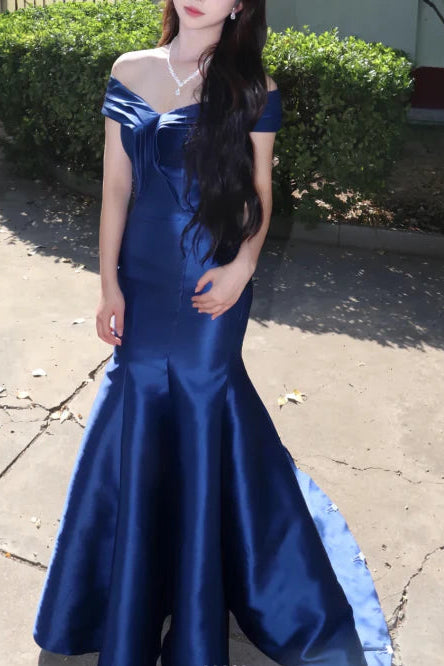 Elegant Mermaid Off-Shoulder Satin Navy Blue Long Prom Dresses Evening Dresses