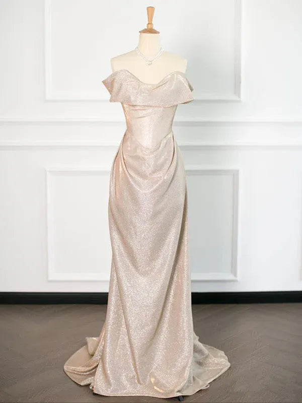 Elegant Mermaid Off-Shoulder Sleeveless Ruched Champagne Train-Length Prom Dress For Women Custom
