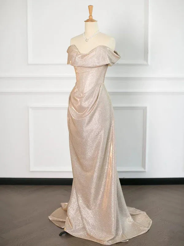 Elegant Mermaid Off-Shoulder Sleeveless Ruched Champagne Train-Length Prom Dress For Women Custom