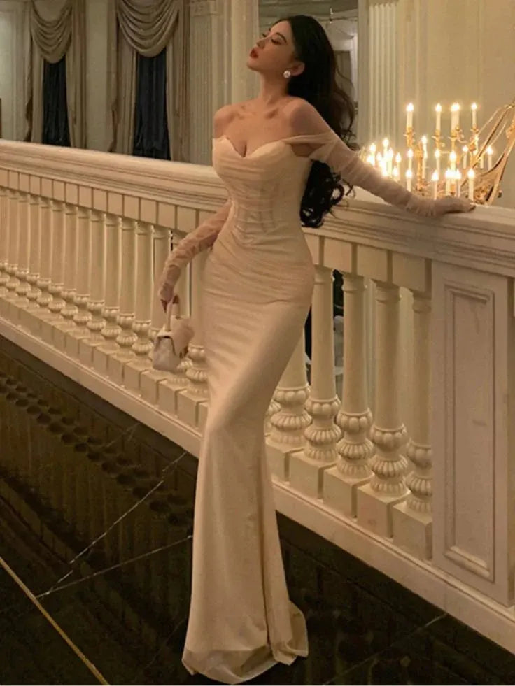 Elegant Mermaid Off-The-Shoulder Corset Satin Beige Long Prom Dress Custom