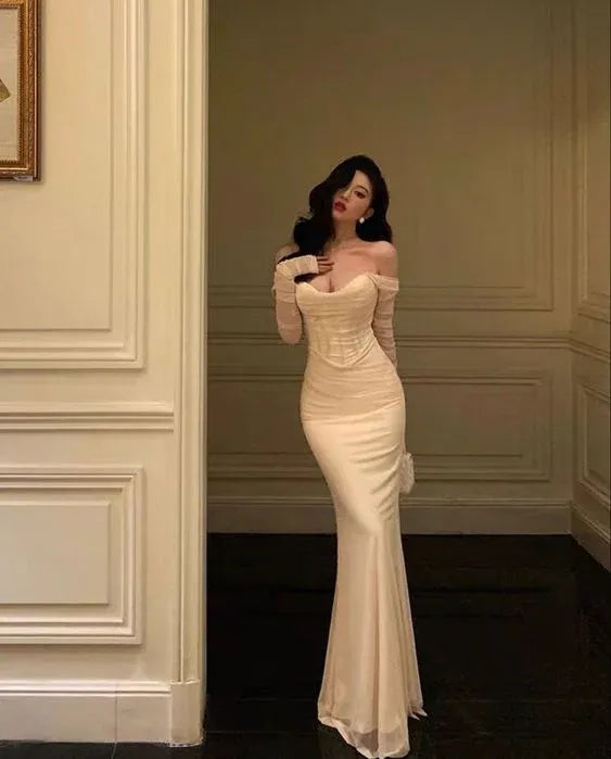 Elegant Mermaid Off-The-Shoulder Corset Satin Beige Long Prom Dress Custom