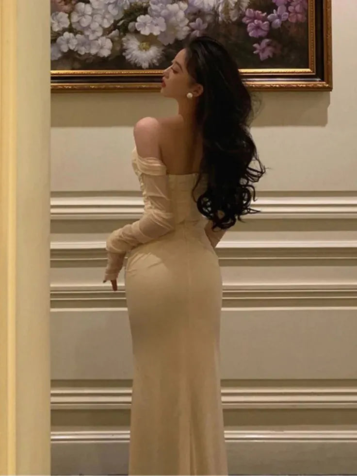 Elegant Mermaid Off-The-Shoulder Corset Satin Beige Long Prom Dress Custom