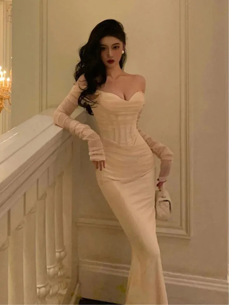 Elegant Mermaid Off-The-Shoulder Corset Satin Beige Long Prom Dress Custom