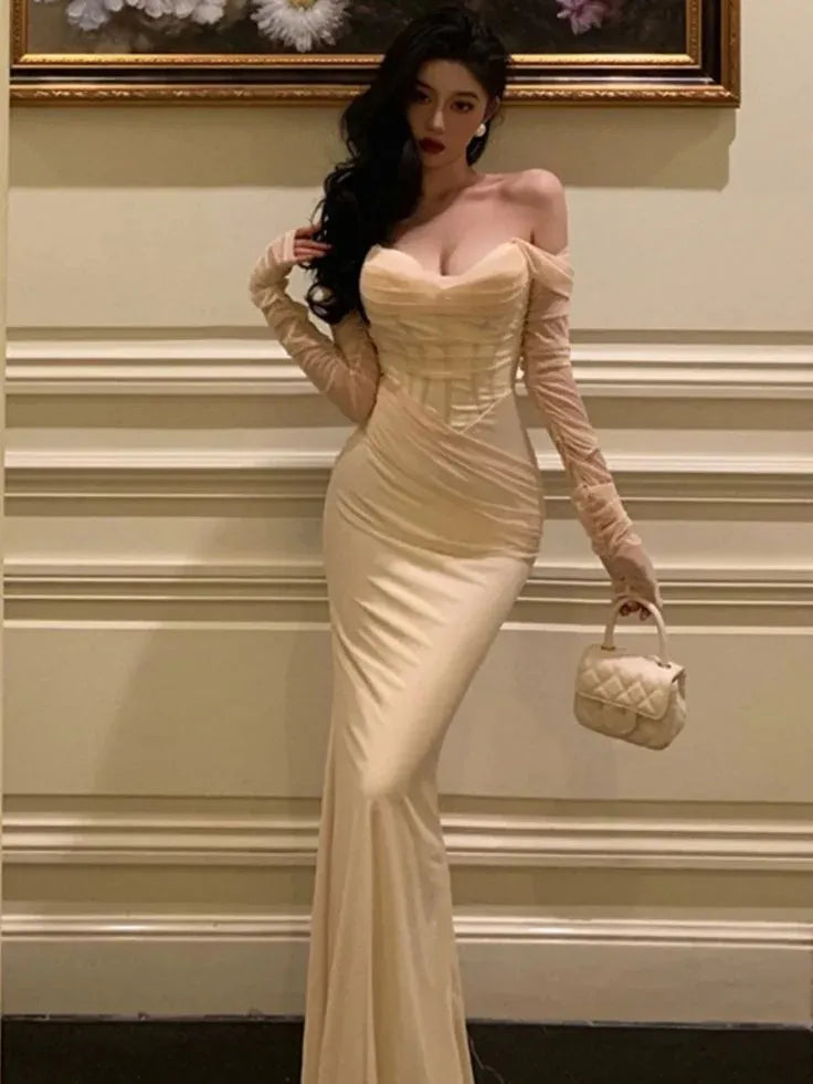 Elegant Mermaid Off-The-Shoulder Corset Satin Beige Long Prom Dress Custom
