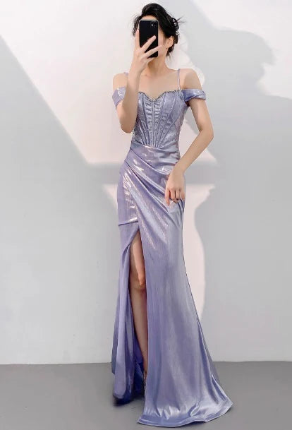 Elegant Mermaid Off-the-Shoulder Beaded Satin Purple Evening Dress