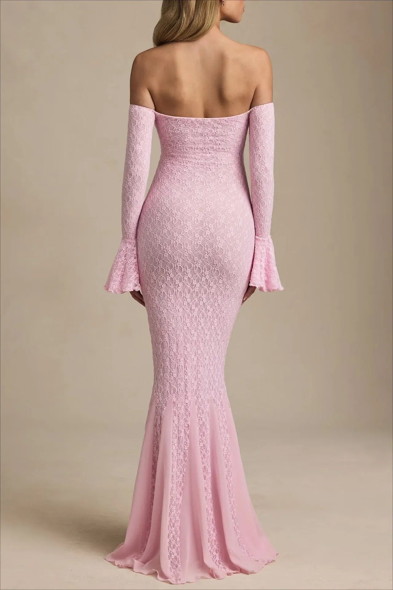 Elegant Mermaid Off-the-Shoulder Bell Sleeve Ruffle Lace Pink Prom Dress Custom