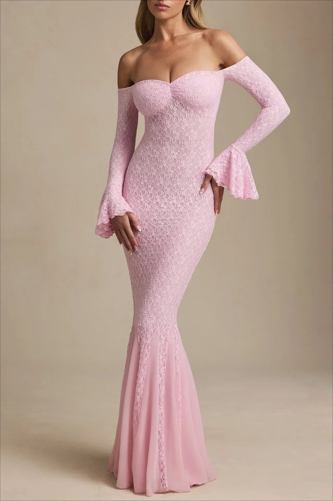 Elegant Mermaid Off-the-Shoulder Bell Sleeve Ruffle Lace Pink Prom Dress Custom