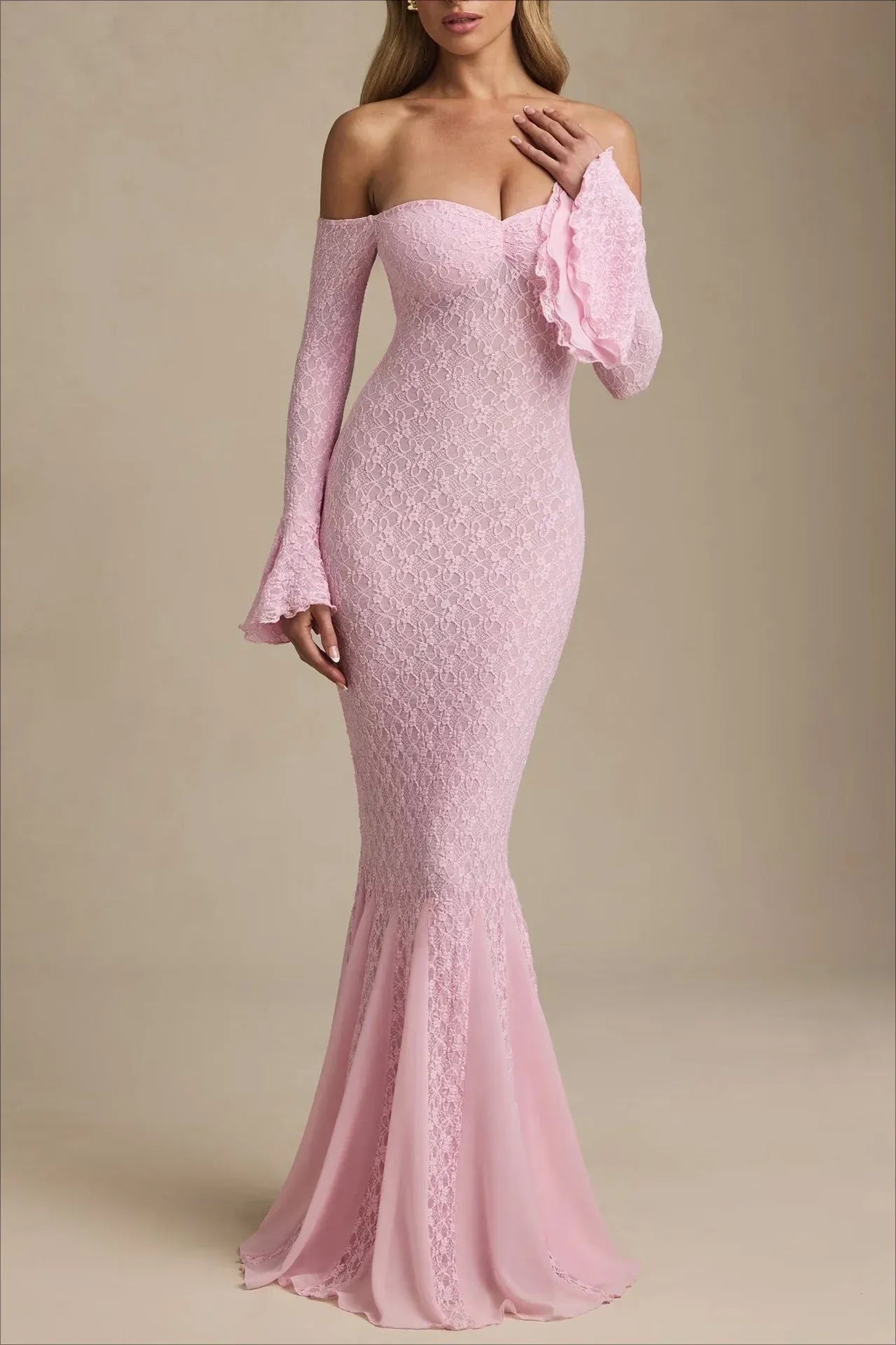 Elegant Mermaid Off-the-Shoulder Bell Sleeve Ruffle Lace Pink Prom Dress Custom