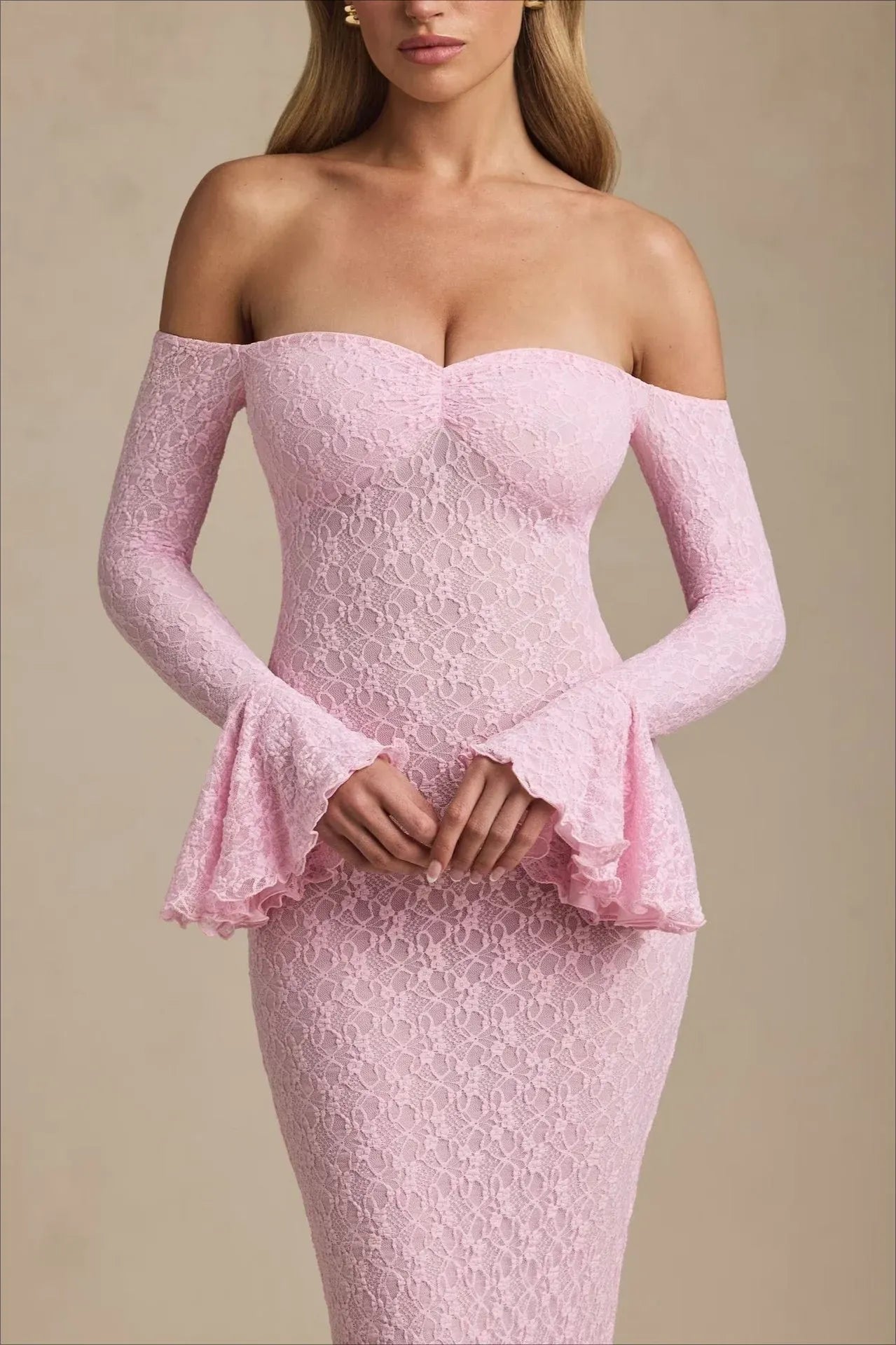 Elegant Mermaid Off-the-Shoulder Bell Sleeve Ruffle Lace Pink Prom Dress Custom