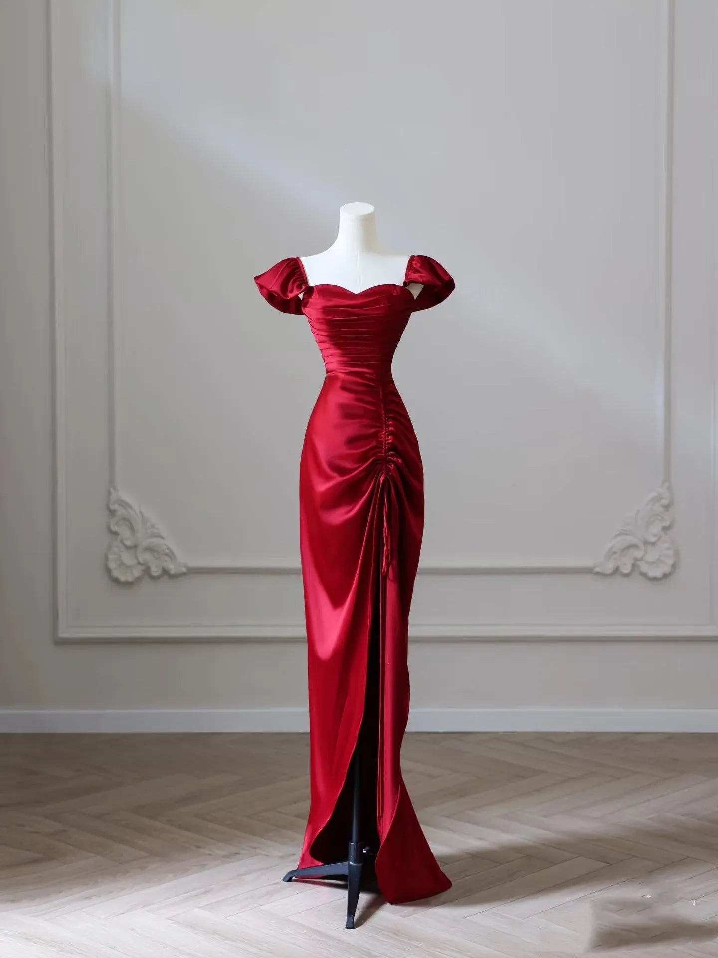 Elegant Mermaid Off-the-Shoulder Puff-Sleeve Ruched Satin Red Floor-Length Evening Dress for Women