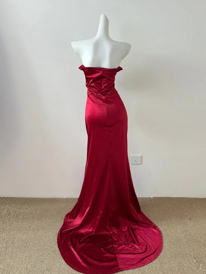 Elegant Mermaid Off-the-Shoulder Satin Red Long Party Dress With Slit