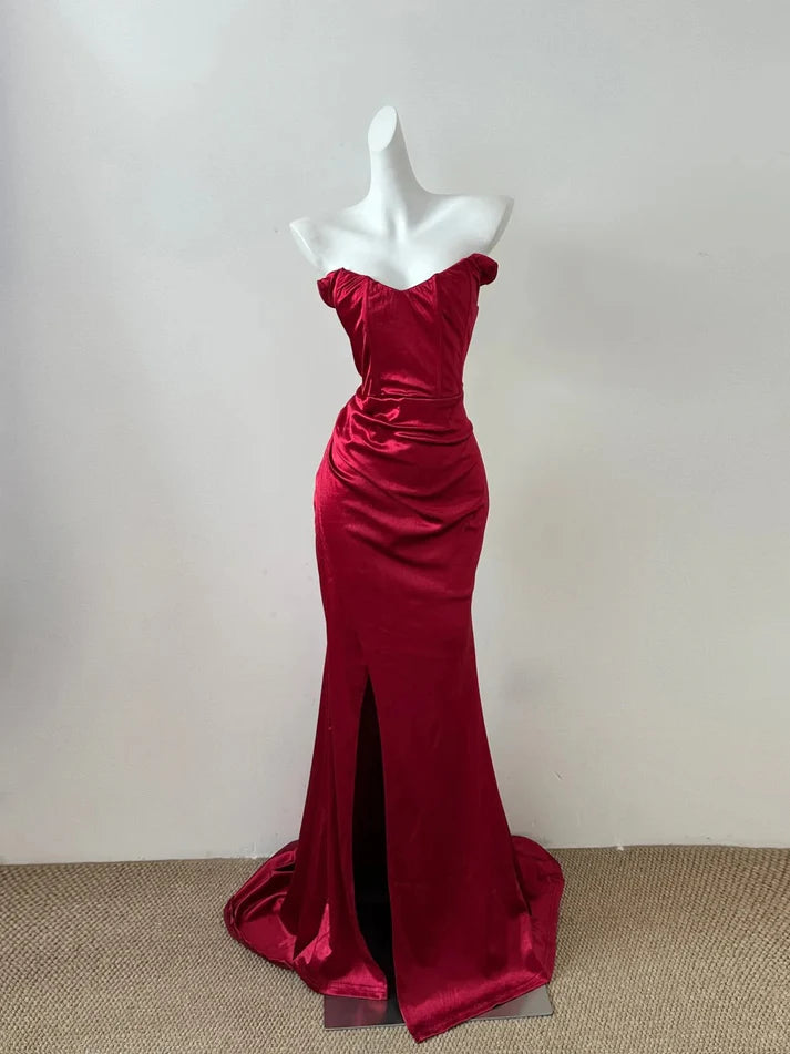 Elegant Mermaid Off-the-Shoulder Satin Red Long Party Dress With Slit