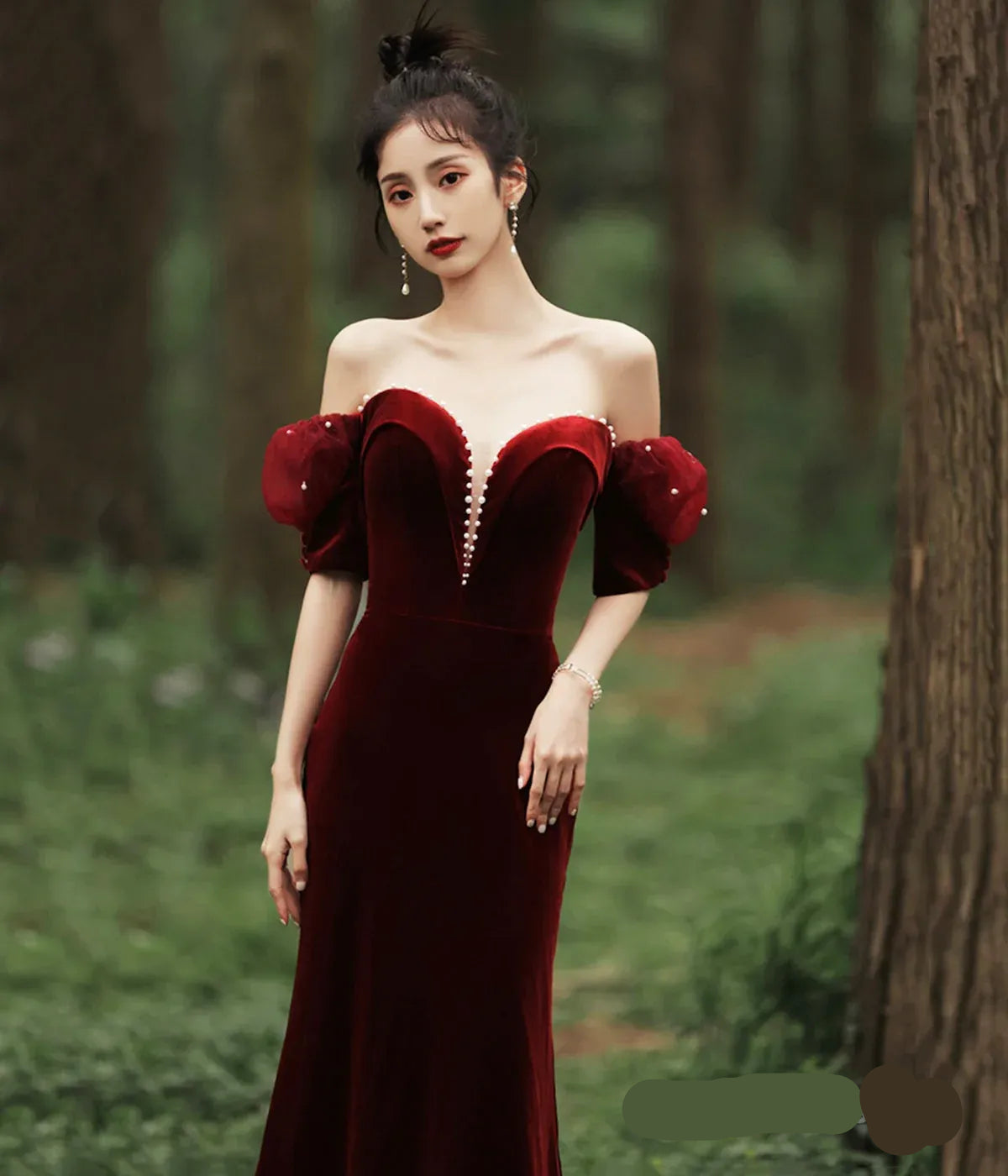 Elegant Mermaid Off-the-Shoulder Short-Sleeve Pearl Burgundy Maxi Prom Dress for Women Custom