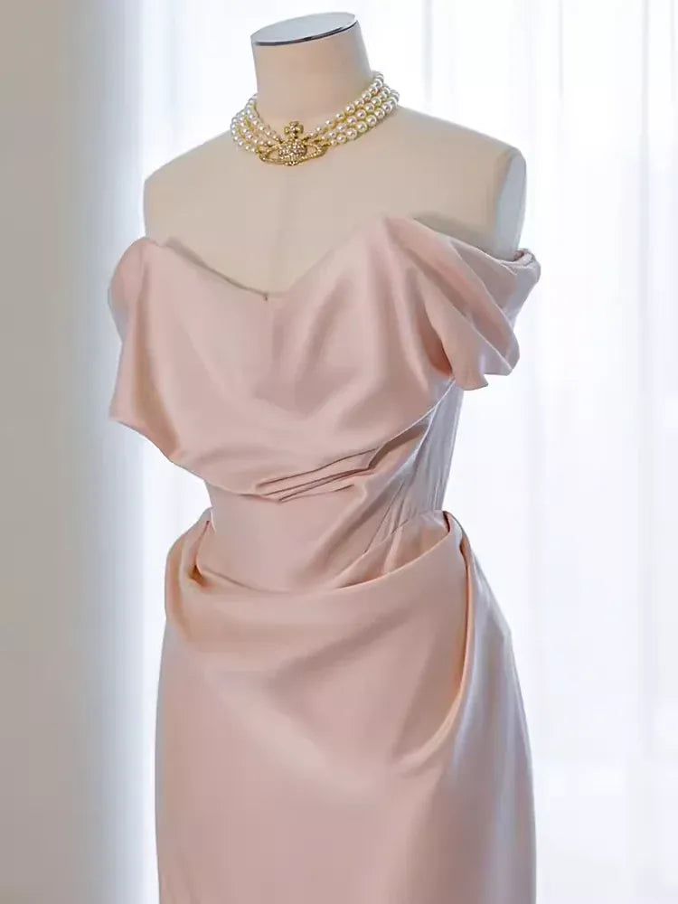 Elegant Mermaid Off-the-Shoulder Sleeveless Draped Blush Maxi Prom Dress for Women Custom