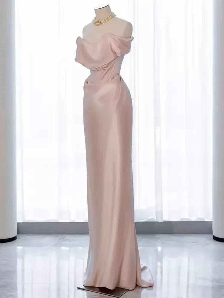 Elegant Mermaid Off-the-Shoulder Sleeveless Draped Blush Maxi Prom Dress for Women Custom