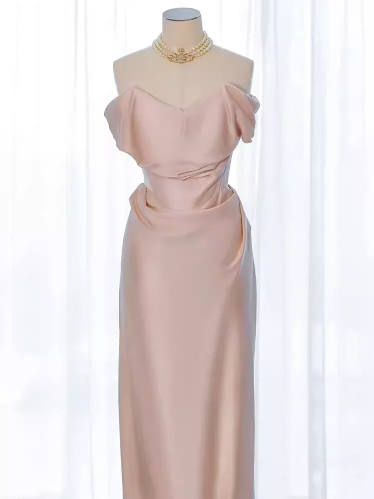Elegant Mermaid Off-the-Shoulder Sleeveless Draped Blush Maxi Prom Dress for Women Custom