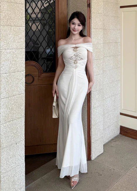 Elegant Mermaid Off-the-shoulder Chiffon White Long Prom Dress Evening Dress