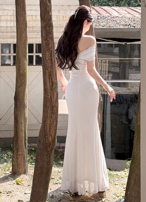 Elegant Mermaid Off-the-shoulder Chiffon White Long Prom Dress Evening Dress