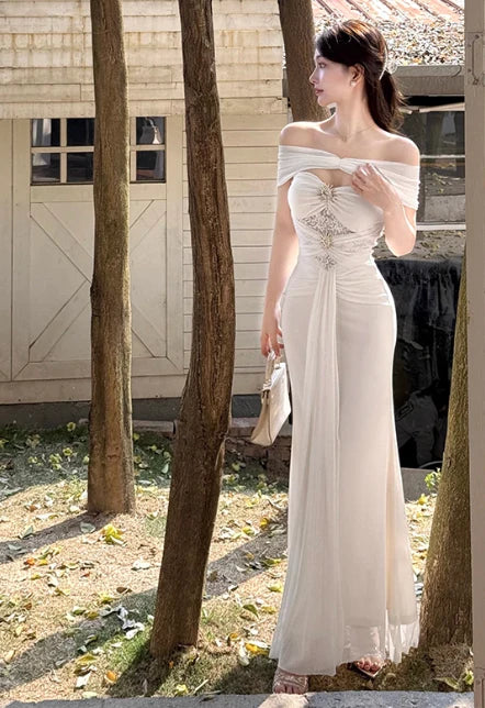 Elegant Mermaid Off-the-shoulder Chiffon White Long Prom Dress Evening Dress