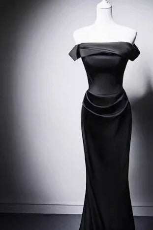 Elegant Mermaid Off-The-Shoulder Pleated Lace Up Satin Black Evening Dress