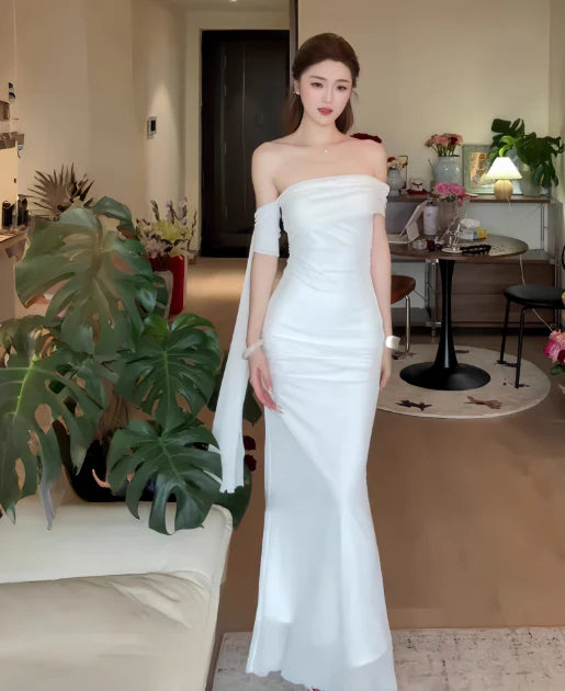 Elegant Mermaid Off-the-shoulder Tulle White Evening Dress With Streamer