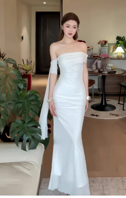 Elegant Mermaid Off-the-shoulder Tulle White Evening Dress With Streamer