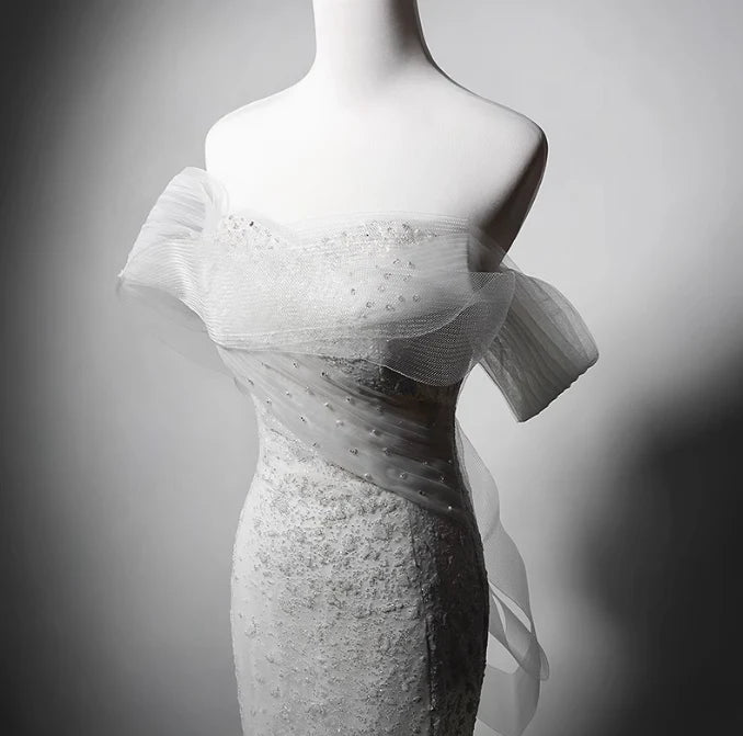 Pretty Mermaid Off-the-shoulder Tulle White Long Evening Dress With Beaded
