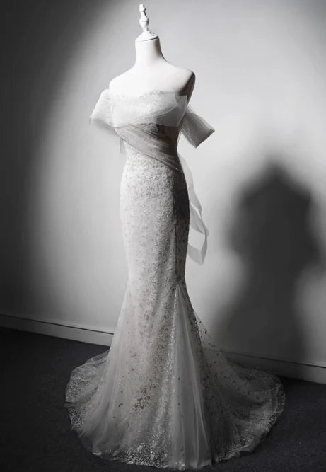 Pretty Mermaid Off-the-shoulder Tulle White Long Evening Dress With Beaded