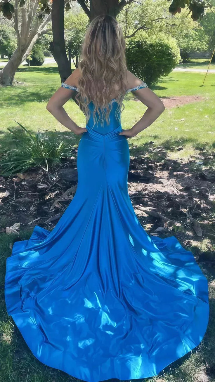 Elegant Mermaid Off Shoulder Beaded Satin Blue Prom Dress With Train