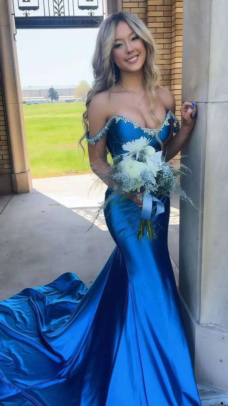 Elegant Mermaid Off Shoulder Beaded Satin Blue Prom Dress With Train