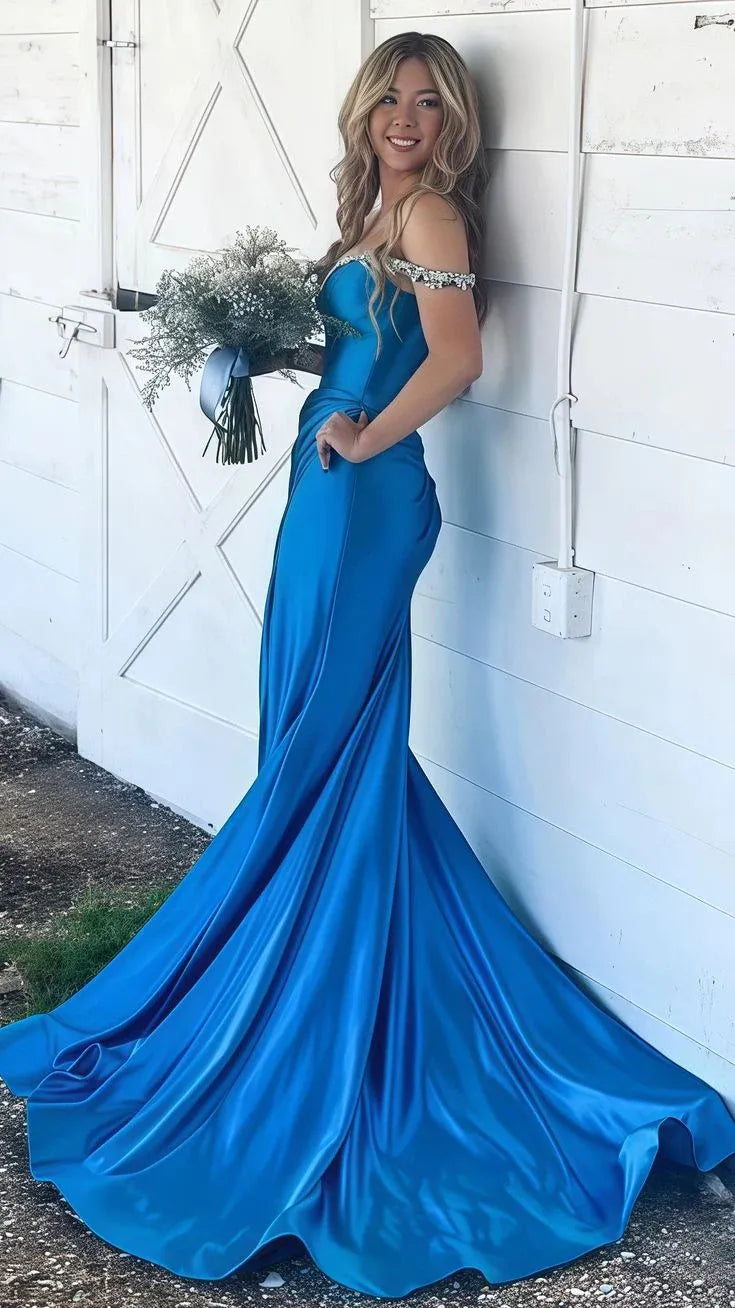 Elegant Mermaid Off Shoulder Beaded Satin Blue Prom Dress With Train