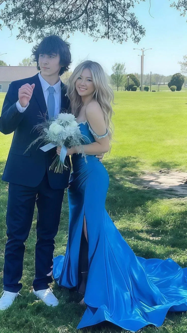 Elegant Mermaid Off Shoulder Beaded Satin Blue Prom Dress With Train