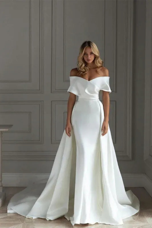 Elegant Mermaid Off Shoulder Overskirt White Train Wedding Dress For Women For Sale