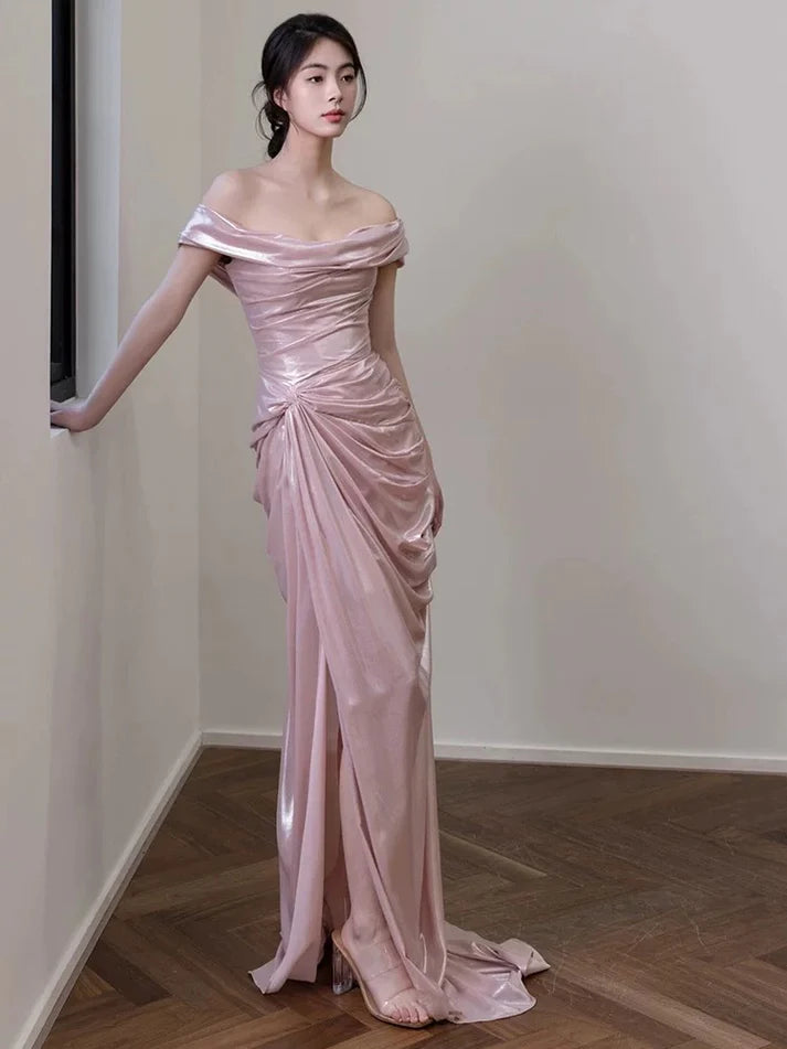 Elegant Mermaid Off The Shoulder Pleated Pink Long Evening Dress Prom Dress