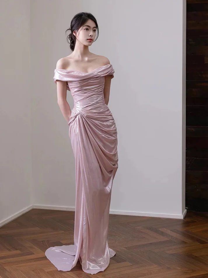 Elegant Mermaid Off The Shoulder Pleated Pink Long Evening Dress Prom Dress