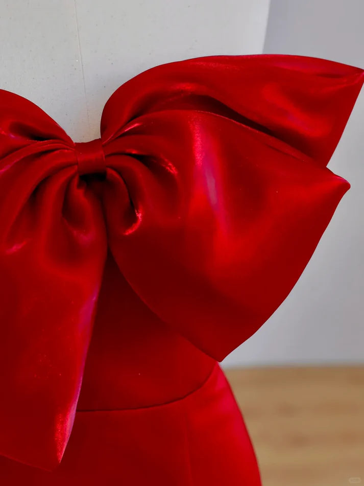 Elegant Mermaid One-Shoulder Bow Satin Red Long Prom Dress Evening Dress