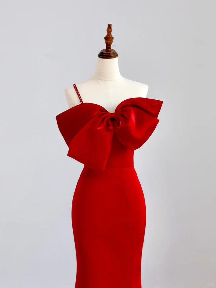 Elegant Mermaid One-Shoulder Bow Satin Red Long Prom Dress Evening Dress