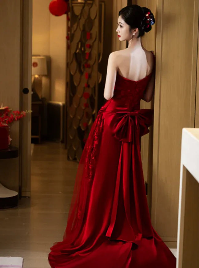Elegant Mermaid One-Shoulder Sleeveless Bow Satin Red Maxi Prom Dress