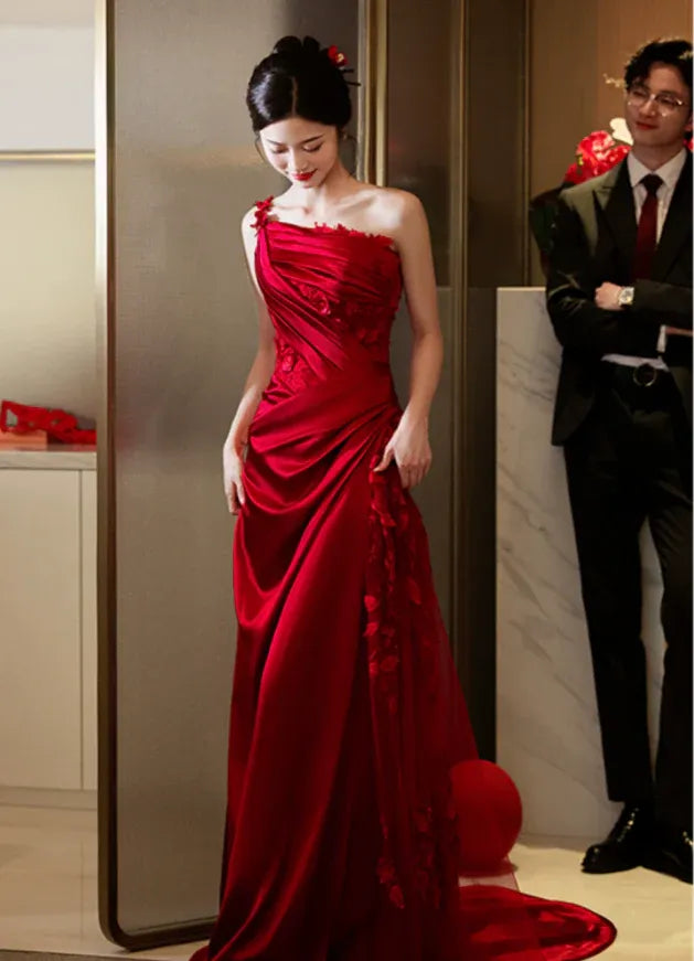 Elegant Mermaid One-Shoulder Sleeveless Bow Satin Red Maxi Prom Dress