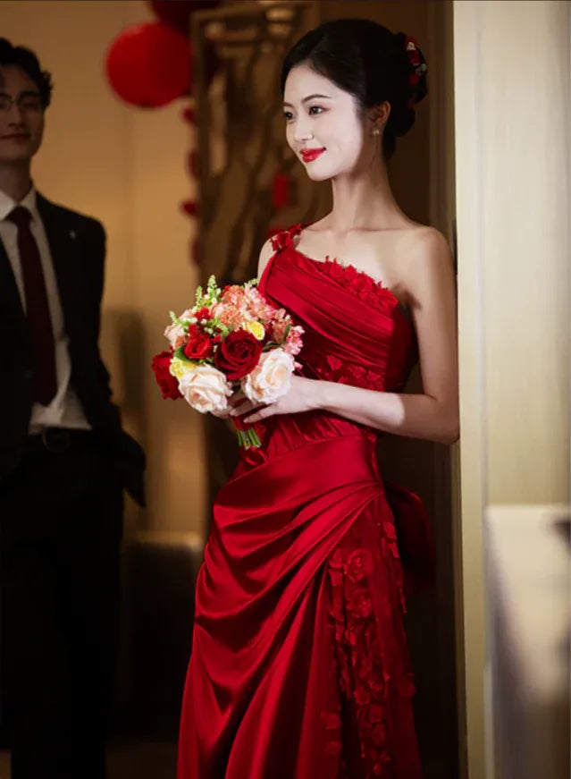 Elegant Mermaid One-Shoulder Sleeveless Bow Satin Red Maxi Prom Dress