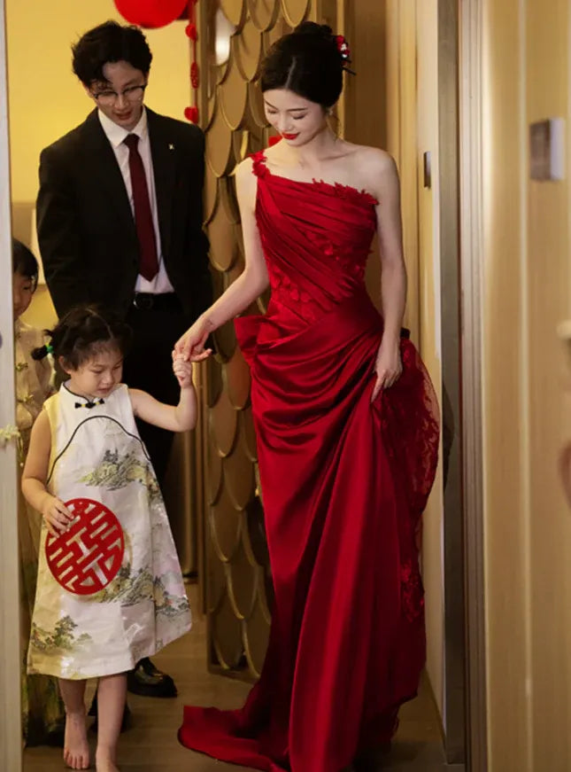 Elegant Mermaid One-Shoulder Sleeveless Bow Satin Red Maxi Prom Dress