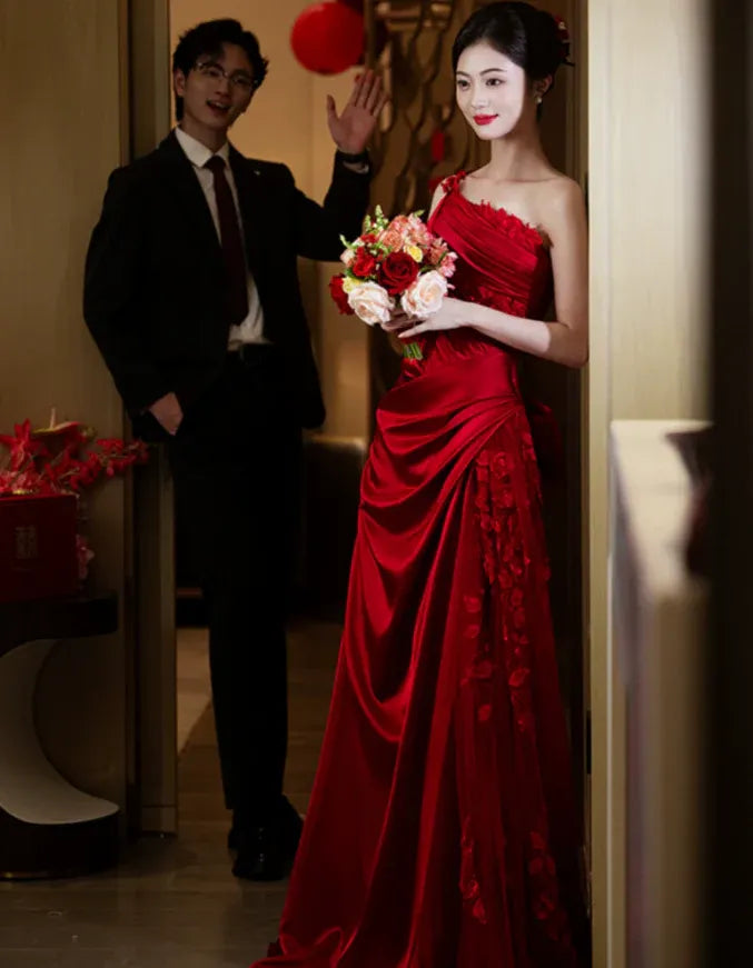 Elegant Mermaid One-Shoulder Sleeveless Bow Satin Red Maxi Prom Dress