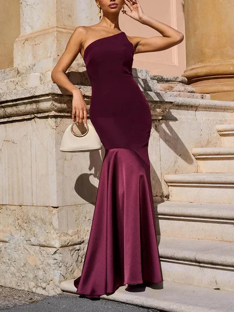 Elegant Mermaid One-Shoulder Sleeveless Satin Pleated Floor-Length Prom Dress