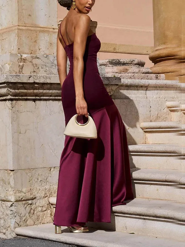 Elegant Mermaid One-Shoulder Sleeveless Satin Pleated Floor-Length Prom Dress