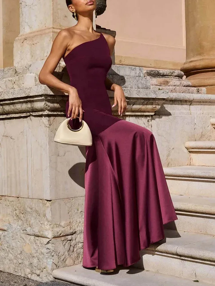 Elegant Mermaid One-Shoulder Sleeveless Satin Pleated Floor-Length Prom Dress