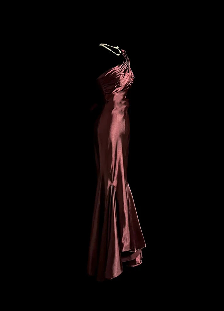 Elegant Mermaid One Shoulder Pleated Satin Long Prom Dress Dress Evening Dress
