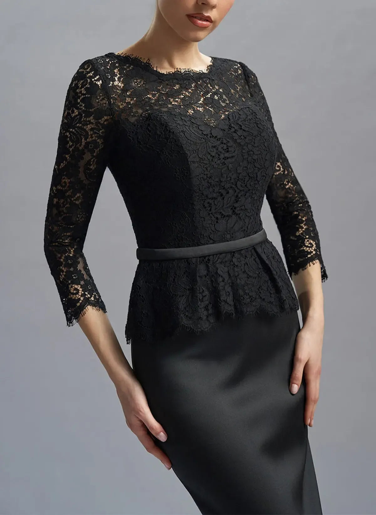 Elegant Mermaid Scalloped 3/4 Sleeve V-Back Peplum Lace Black Floor-Length Prom Dress